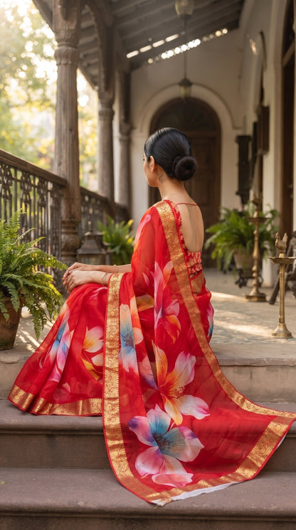A rear-view portrait of a woman with an elegant hair bun sitting on stone veranda steps, beautifully showcasing the woven gold zari border and bold digital lily prints of her translucent red chiffon saree
