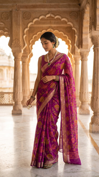 A woman holding small white flowers while standing beneath an intricately carved stone palace archway, showcasing the translucent sheer qualities and gleaming gold jacquard border of her magenta floral saree