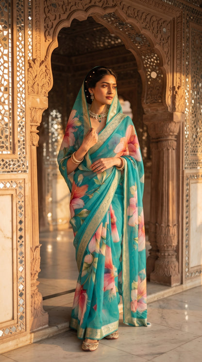 A full-length front portrait of a woman standing gracefully within a mirror-worked palace archway doorway, wearing her sea green printed chiffon saree with a draped head covering that highlights the gold zari trim