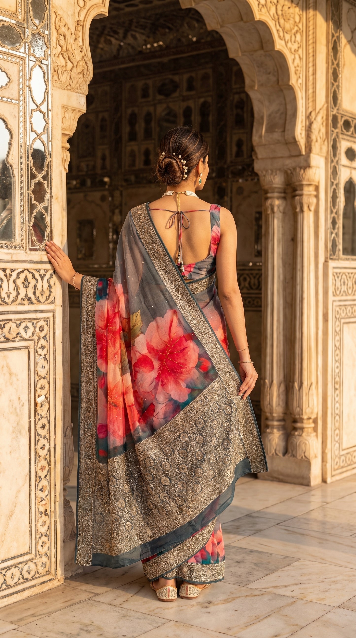 A rear-view portrait of a woman with her hair in a neat low bun standing within an ornate palace archway, showcasing the thin tie-back blouse design and large red hibiscus prints of her grey chiffon saree