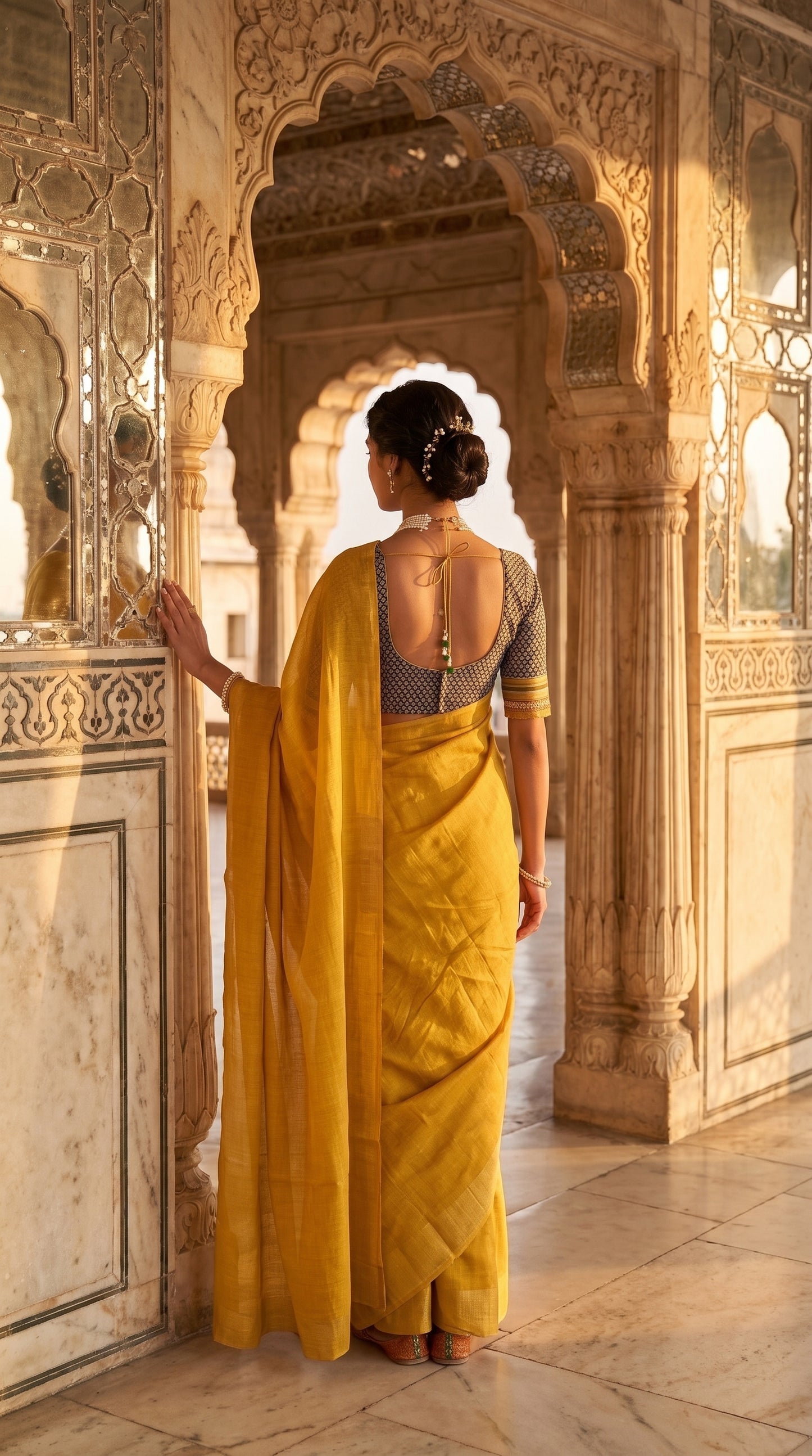 A rear portrait of a woman standing in a majestic palace archway, showing the tie-back detailing of her dark geometric print blouse and the graceful translucent cascade of her yellow-golden tissue cotton saree