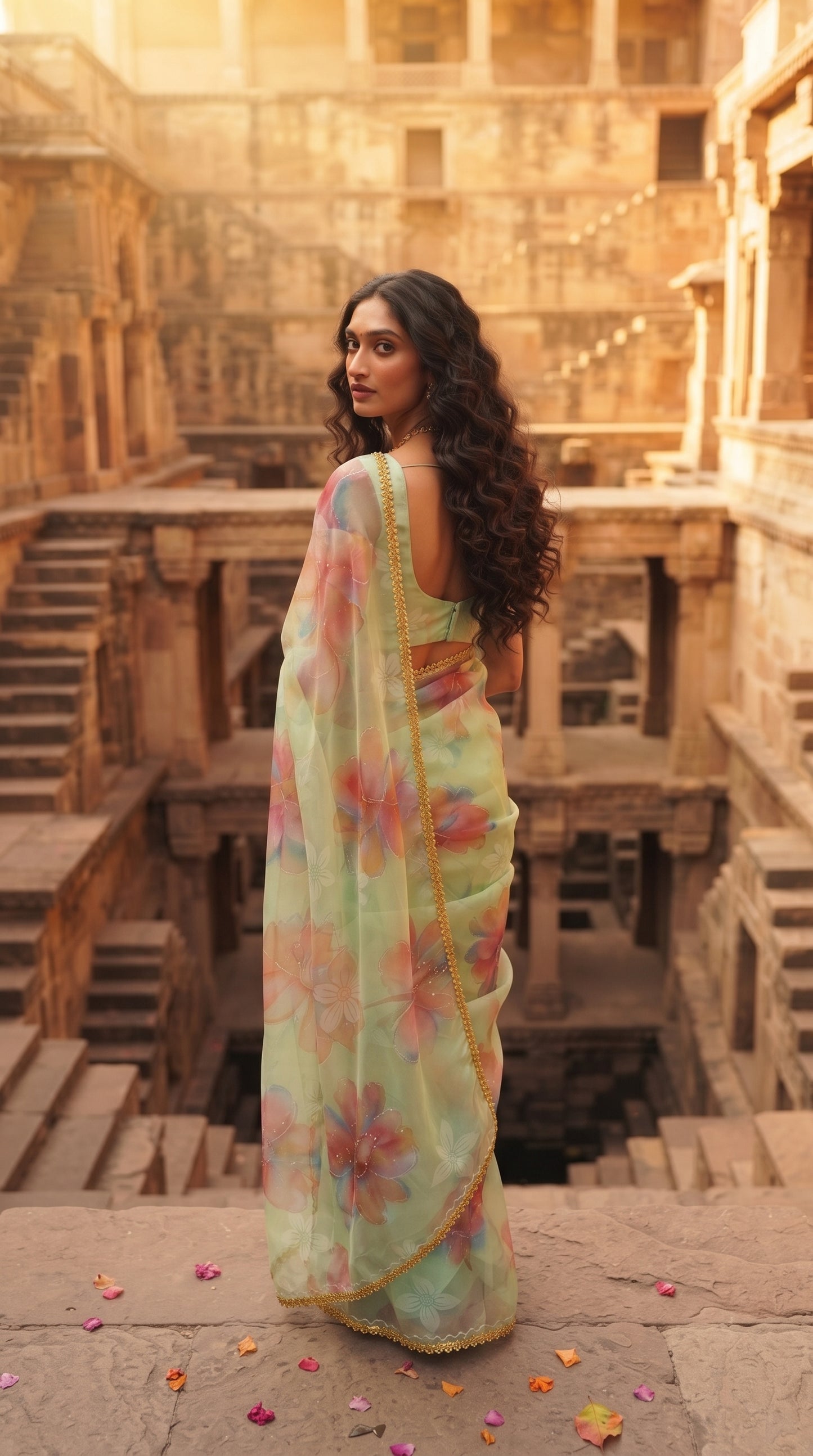 Pista Green Chiffon Saree with Delicate Lace Border