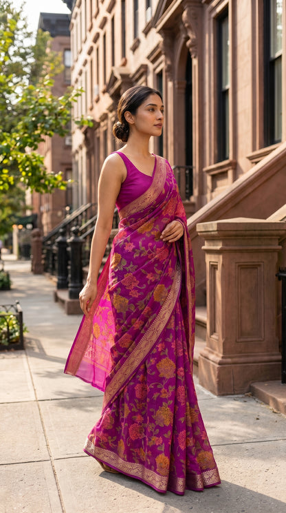 Full-length image of a woman walking down a city sidewalk lined with classic brownstone buildings, beautifully showcasing the weightless, fluid movement and detailed jacquard border of her magenta floral pure chinon saree
