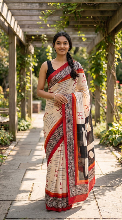 Cream Tussar Silk Saree with Script Motifs