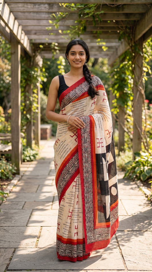 Cream Tussar Silk Saree with Script Motifs