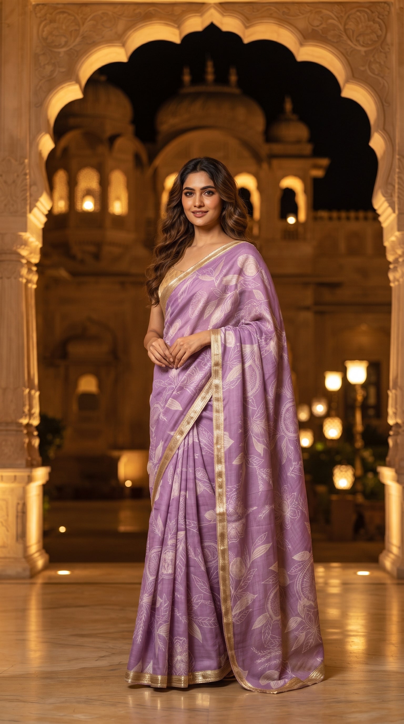 A front portrait of a woman standing beneath a stone palace archway at night, beautifully displaying the delicate botanical prints and shimmering gold lace borders of her lavender purple muslin saree