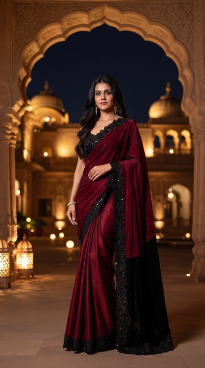 A front portrait of a woman standing beneath a stone palace archway at night, beautifully displaying the luxurious dual-shaded sheen and detailed black lace borders of her maroon and magenta velvet silk saree