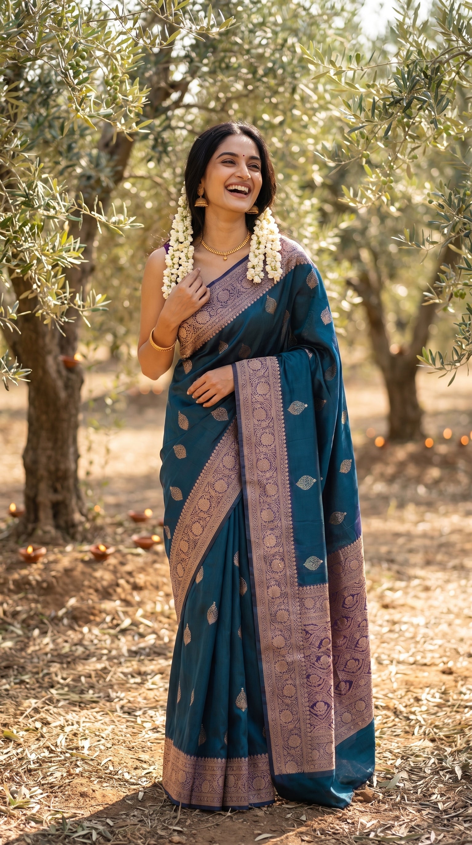 A candid front portrait of a joyfully laughing woman standing in a sunlit olive grove, displaying the structured royal drape and detailed gold zari borders of her teal pure Mashru silk saree