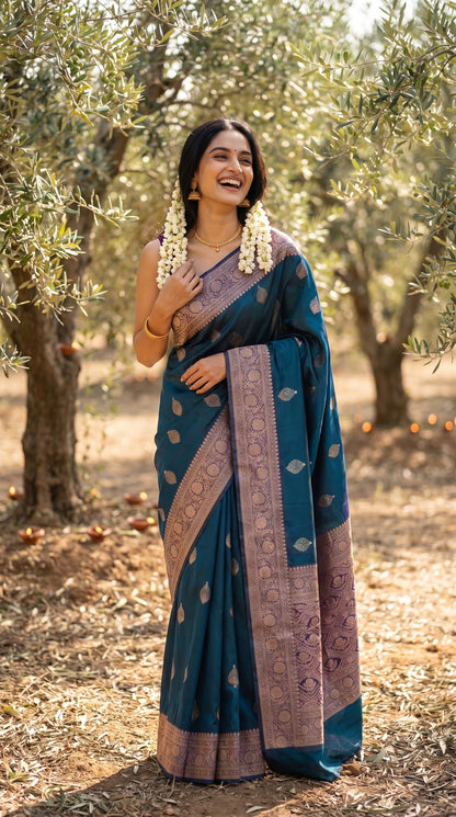 A candid front portrait of a joyfully laughing woman standing in a sunlit olive grove, displaying the structured royal drape and detailed gold zari borders of her teal pure Mashru silk saree