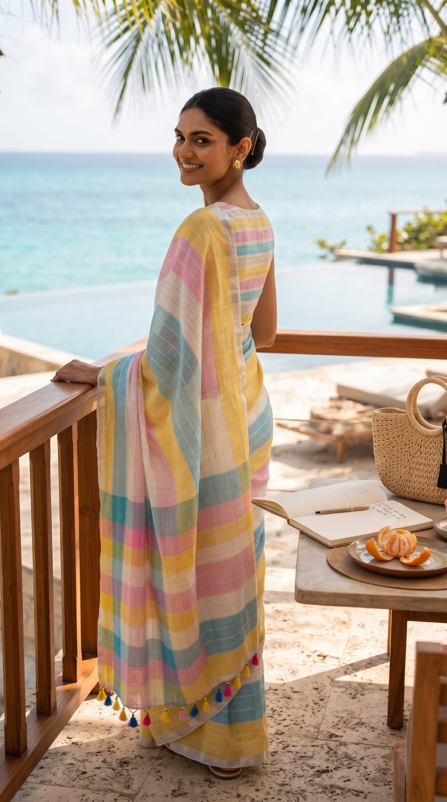 A back view of a smiling woman looking over her shoulder from a wooden resort balcony overlooking a tropical blue ocean, emphasizing the weightless texture and straight silhouette of her pastel checkered linen saree