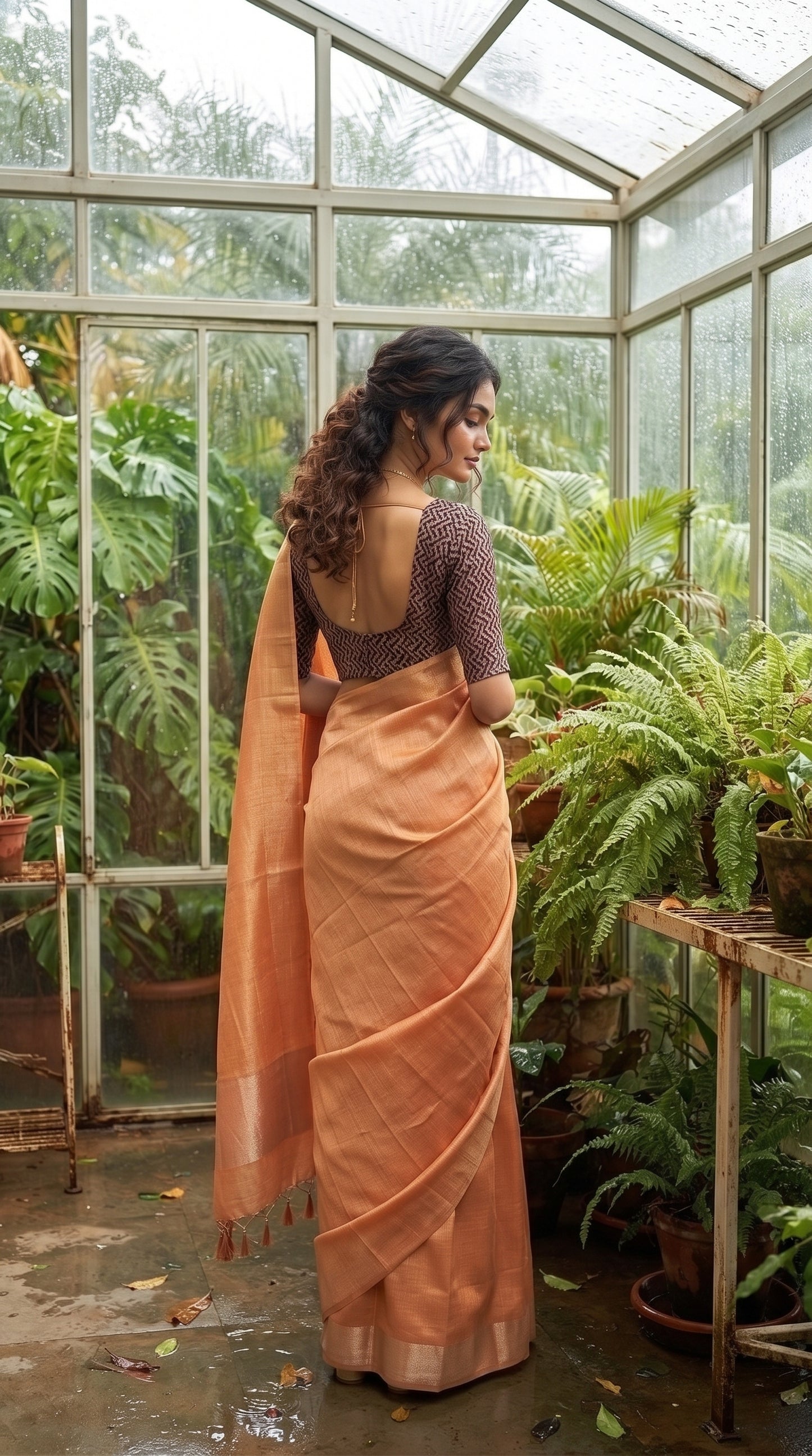 A rear portrait of a woman standing inside a sunlit glass greenhouse filled with lush green ferns, showcasing the delicate rose gold sheen and hand-tied tassels of her tissue cotton saree