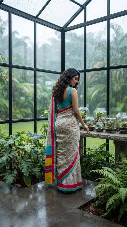 A rear portrait of a woman standing inside a modern glass greenhouse, displaying her solid turquoise blue blouse and the graceful drape of her sky blue printed silk saree with its vibrant pink satin trim