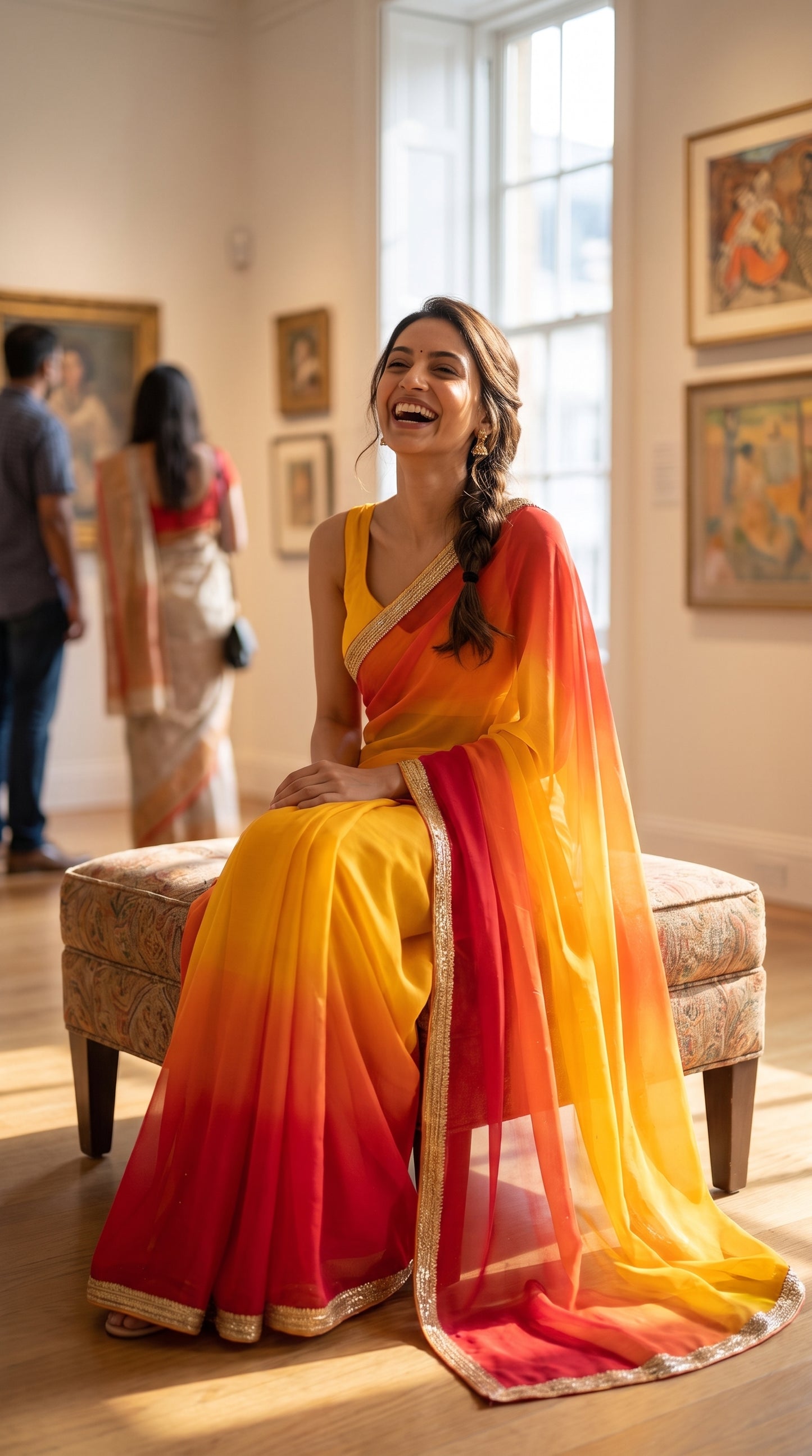 Yellow Chiffon With Red Shades Saree with Delicate Lace Border