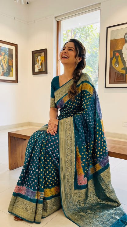 Art Silk Bandhani with Shibori & Zari Border - Blue
