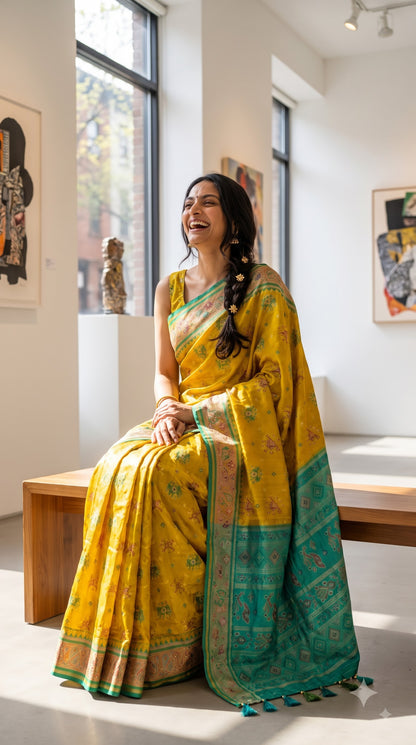 Viscose Silk Saree with Patola Weave - Golden Yellow