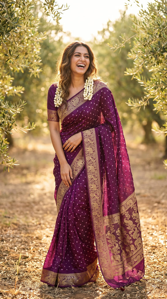 Art Silk Bandhani with Golden Zari - Wine