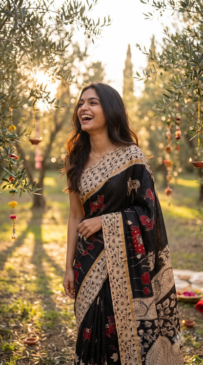 Kalamakari Silk Saree with Kaddi Border - Black with Beige