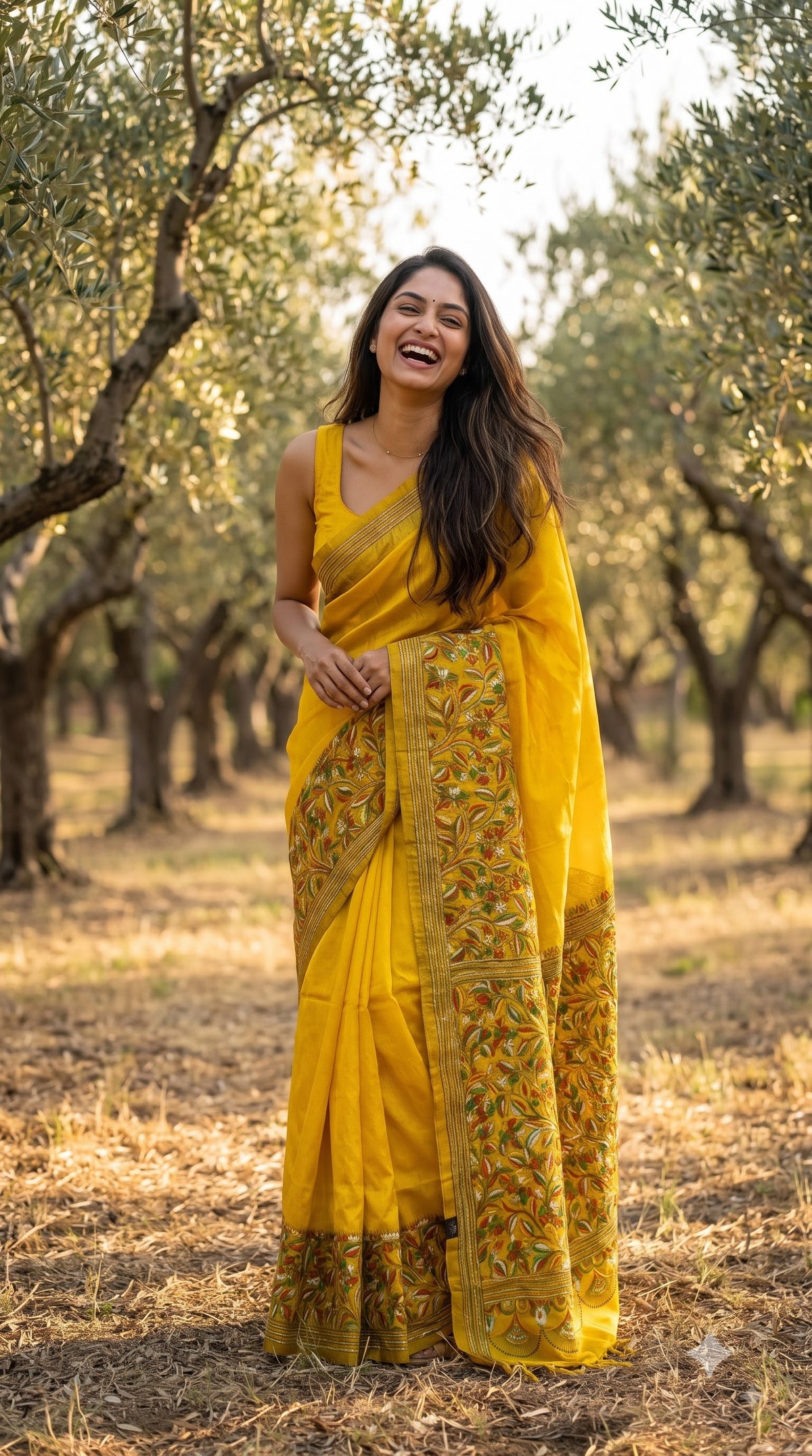 Pure Silk Saree with Kantha-Stitched - Yellow