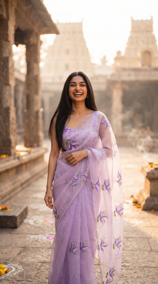 A candid shot of a joyfully laughing woman walking through a sunlit temple courtyard, displaying the breezy drape, sheer texture, and purple floral motifs of her lavender chiffon saree