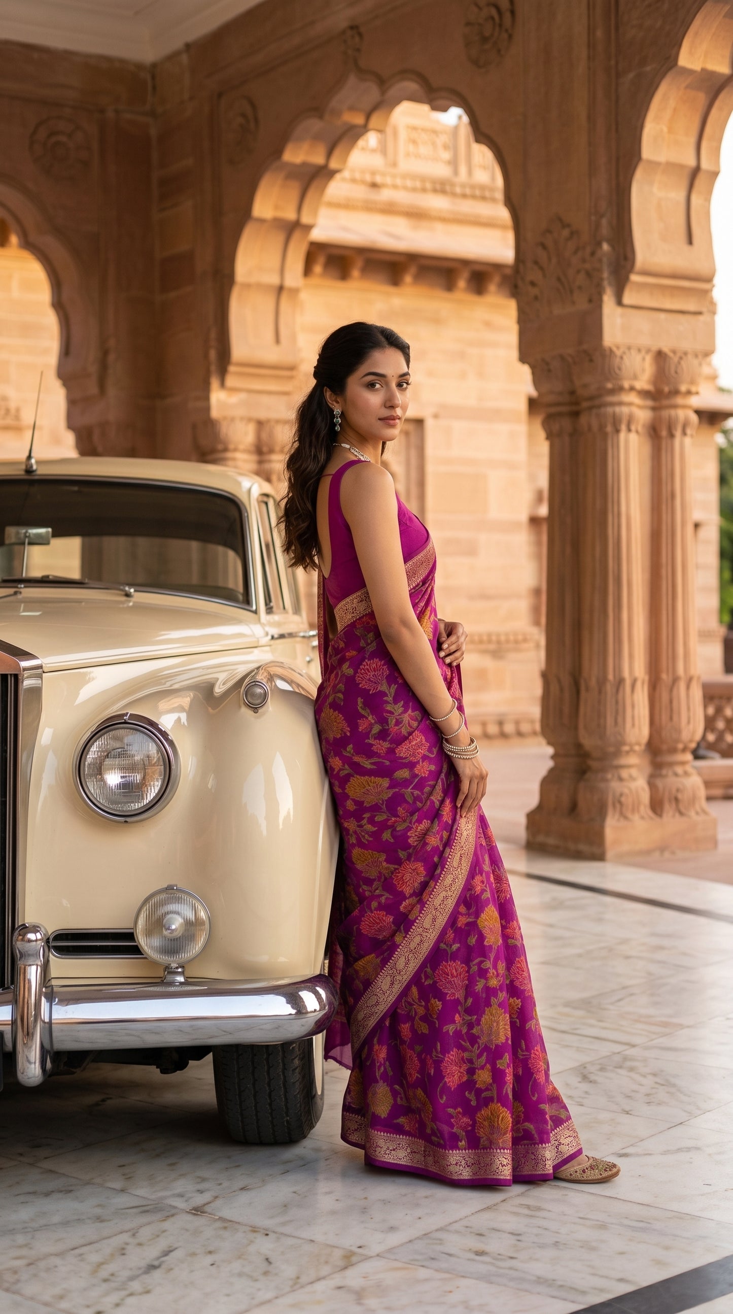 A model looking over her shoulder while leaning against a vintage cream Rolls-Royce under a palace porch, highlighting the sleek backline of her magenta blouse and the elegant drape of her saree