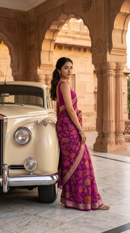 A model looking over her shoulder while leaning against a vintage cream Rolls-Royce under a palace porch, highlighting the sleek backline of her magenta blouse and the elegant drape of her saree