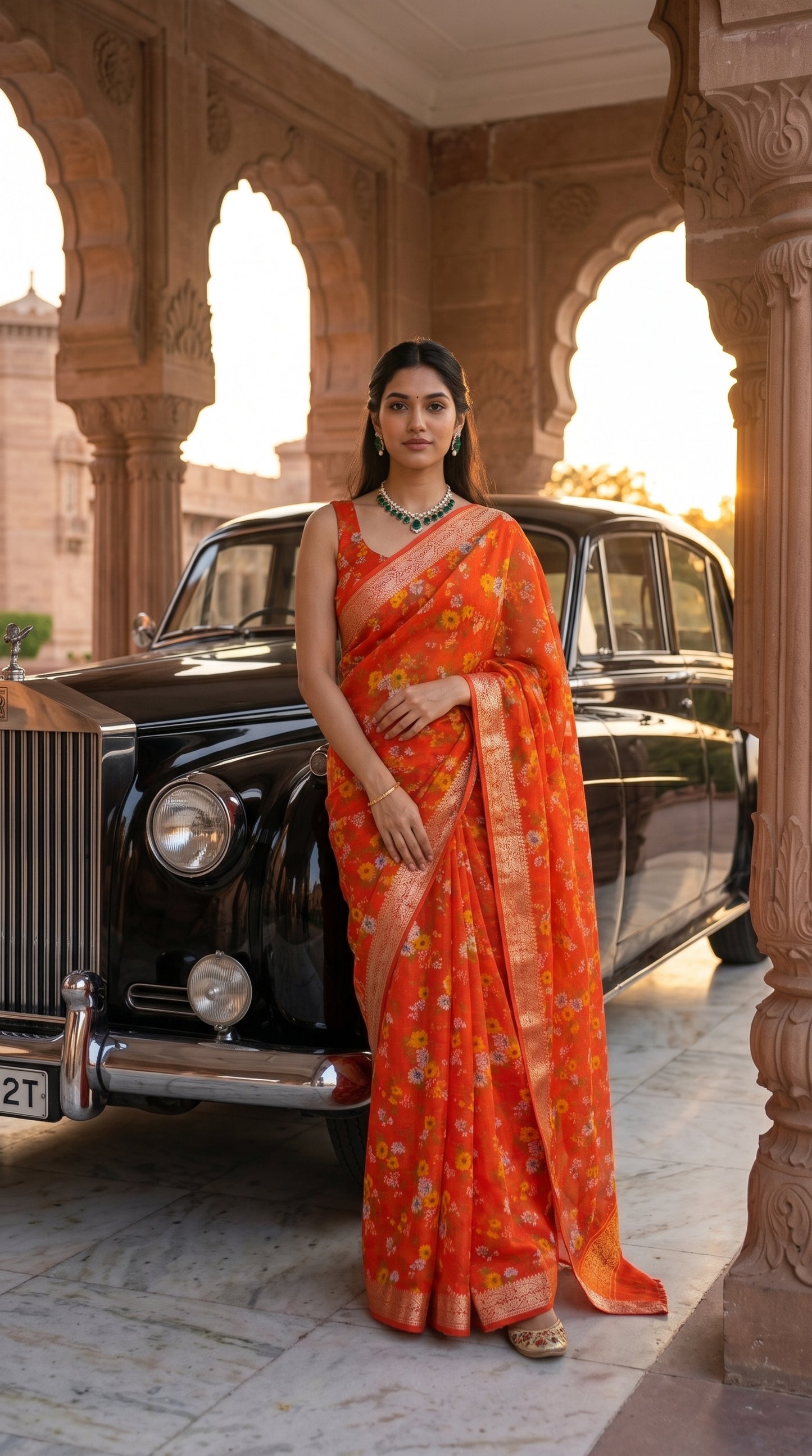 Full-length portrait of a woman wearing a statement emerald necklace standing next to a vintage black Rolls-Royce, highlighting the straight silhouette and shimmering gold borders of her orange saree