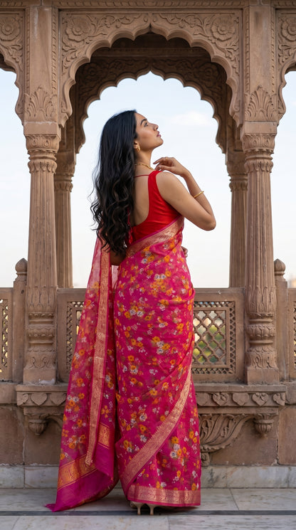 An over-the-shoulder back view of a woman with long wavy hair standing beneath an intricately carved stone palace window alcove, showcasing the detailed jacquard border and cascading floral pallu