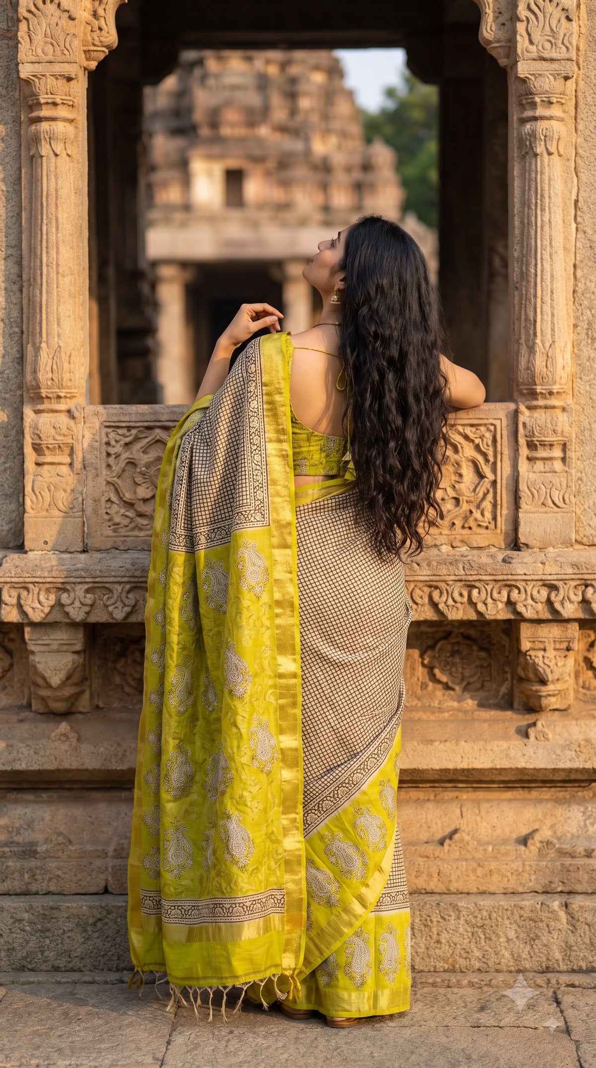 Maheshwari Silk Saree with Sanganery Handblock Print - Yellow