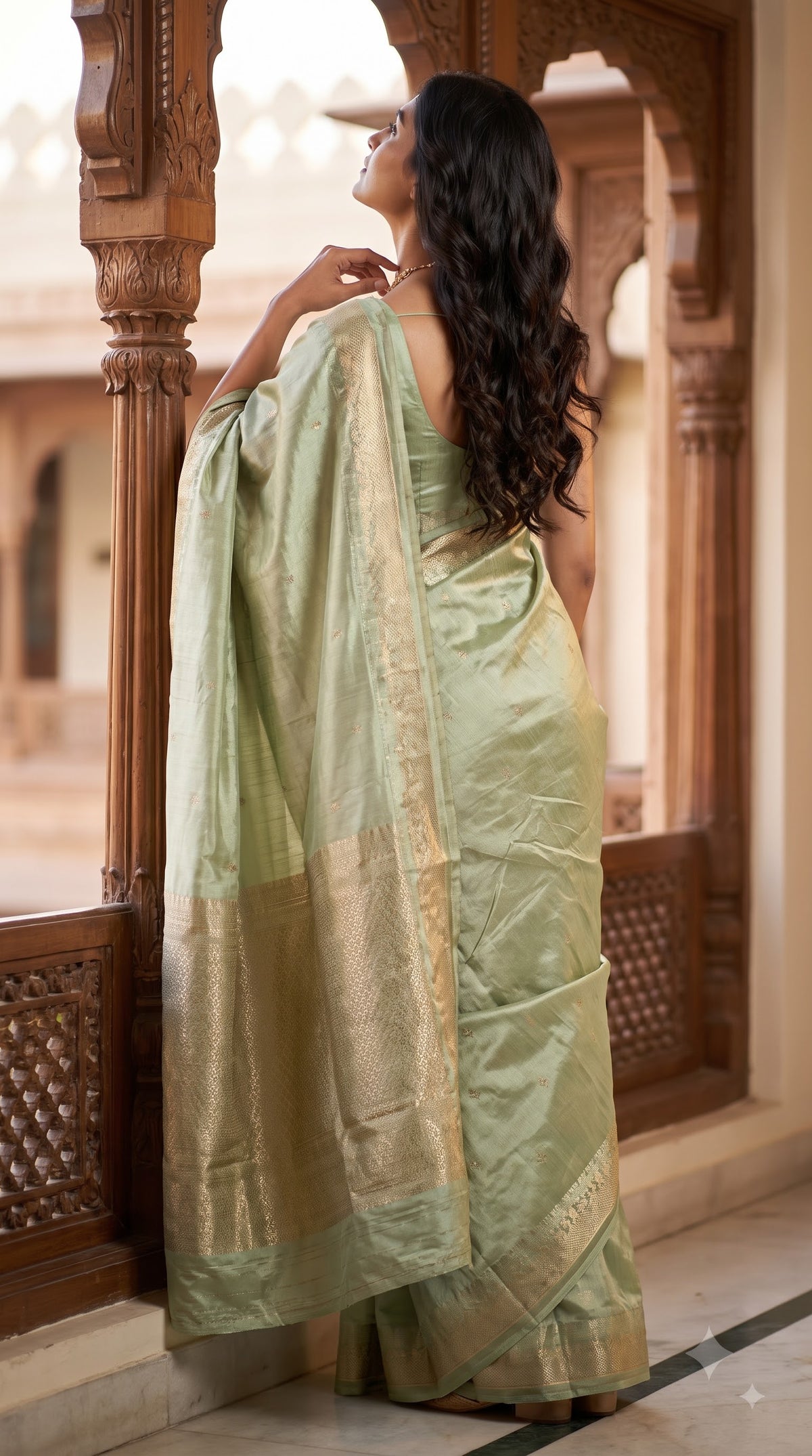 Mashru Silk Saree-Pista Green