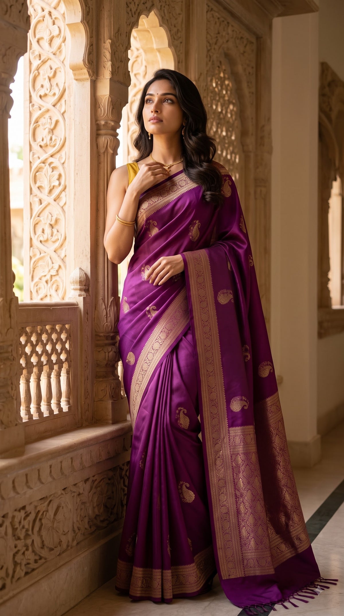 Satin Banarasi with Contrast Blouse - Wine Color