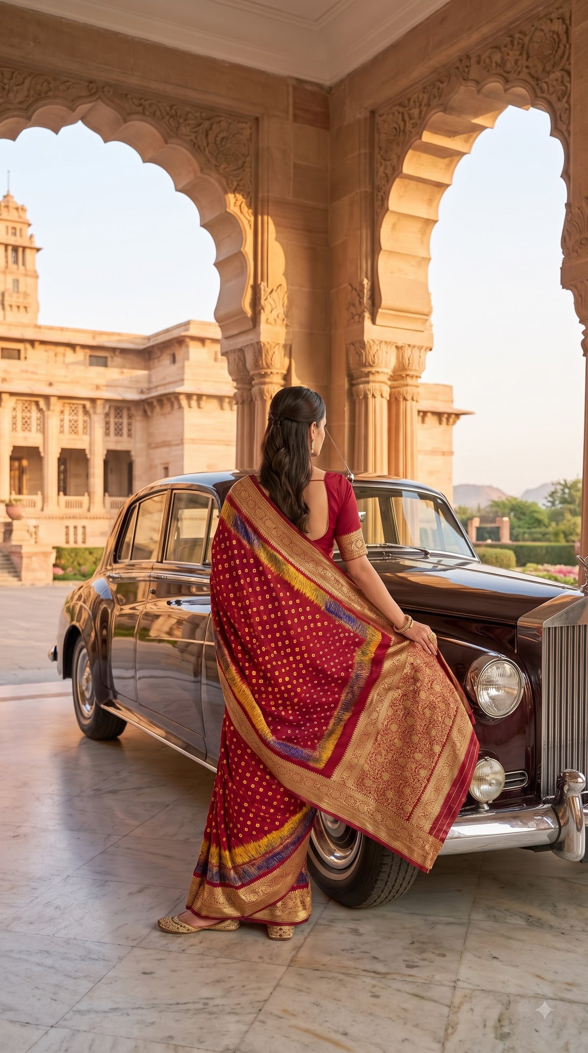 Art Silk Bandhani with Shibori & Zari Border - Maroon