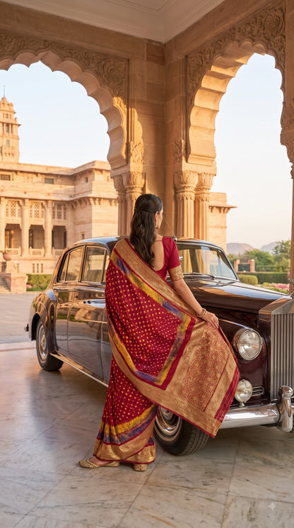 Art Silk Bandhani with Shibori & Zari Border - Maroon