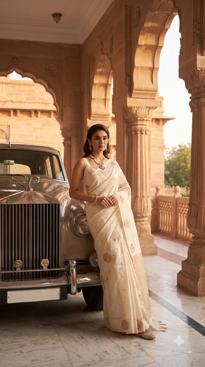 Mashru Silk with Flamingo Motif-Cream