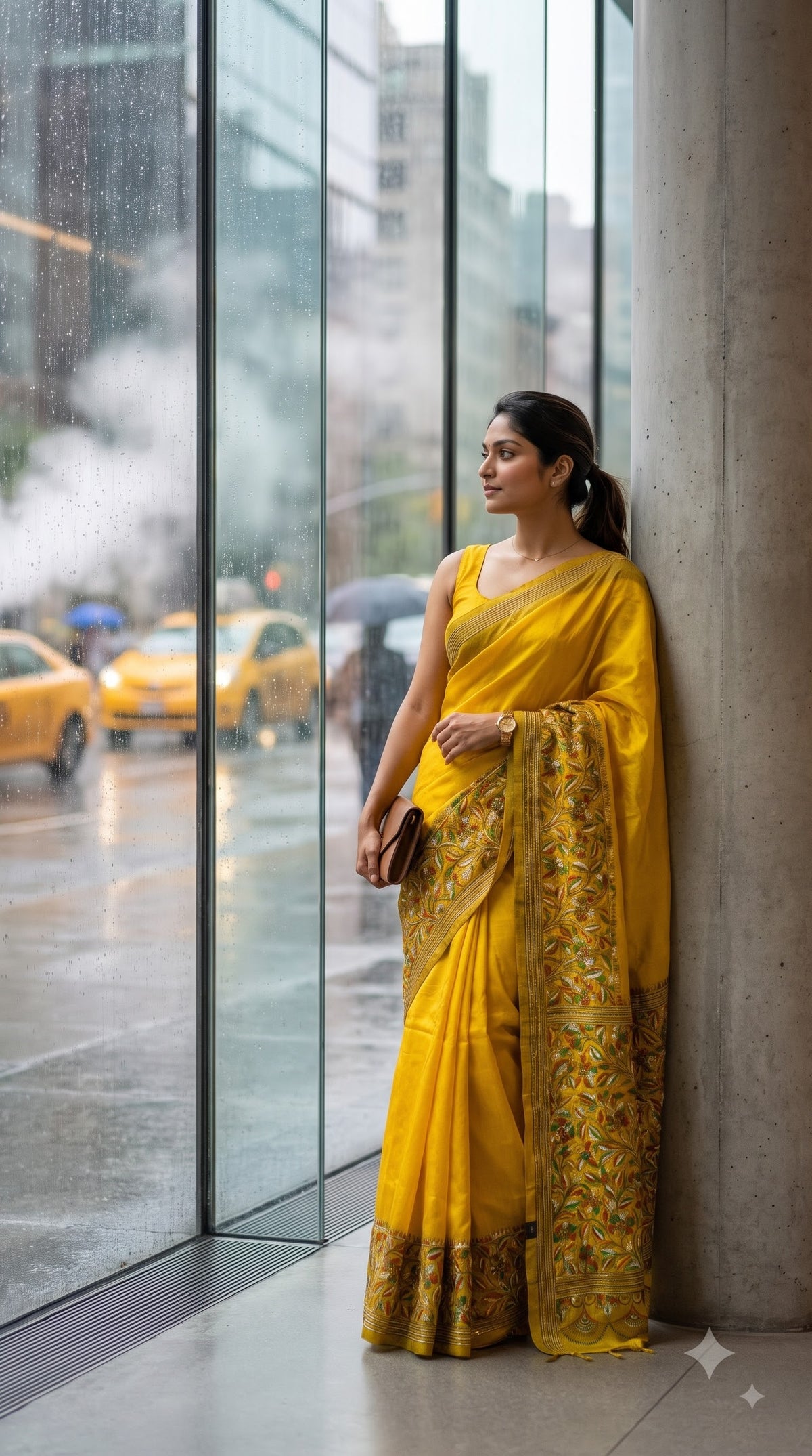 Pure Silk Saree with Kantha-Stitched - Yellow