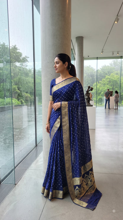 Art Silk Bandhani with Golden Zari - Royal Blue