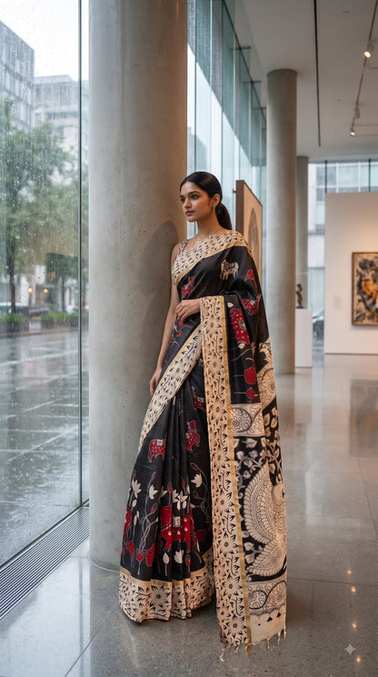 Kalamakari Silk Saree with Kaddi Border - Black with Beige