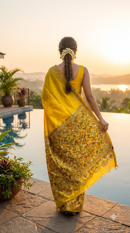 Pure Silk Saree with Kantha-Stitched - Yellow