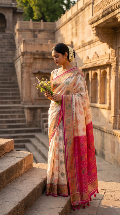 Viscose Silk Saree with Patola Weave - White