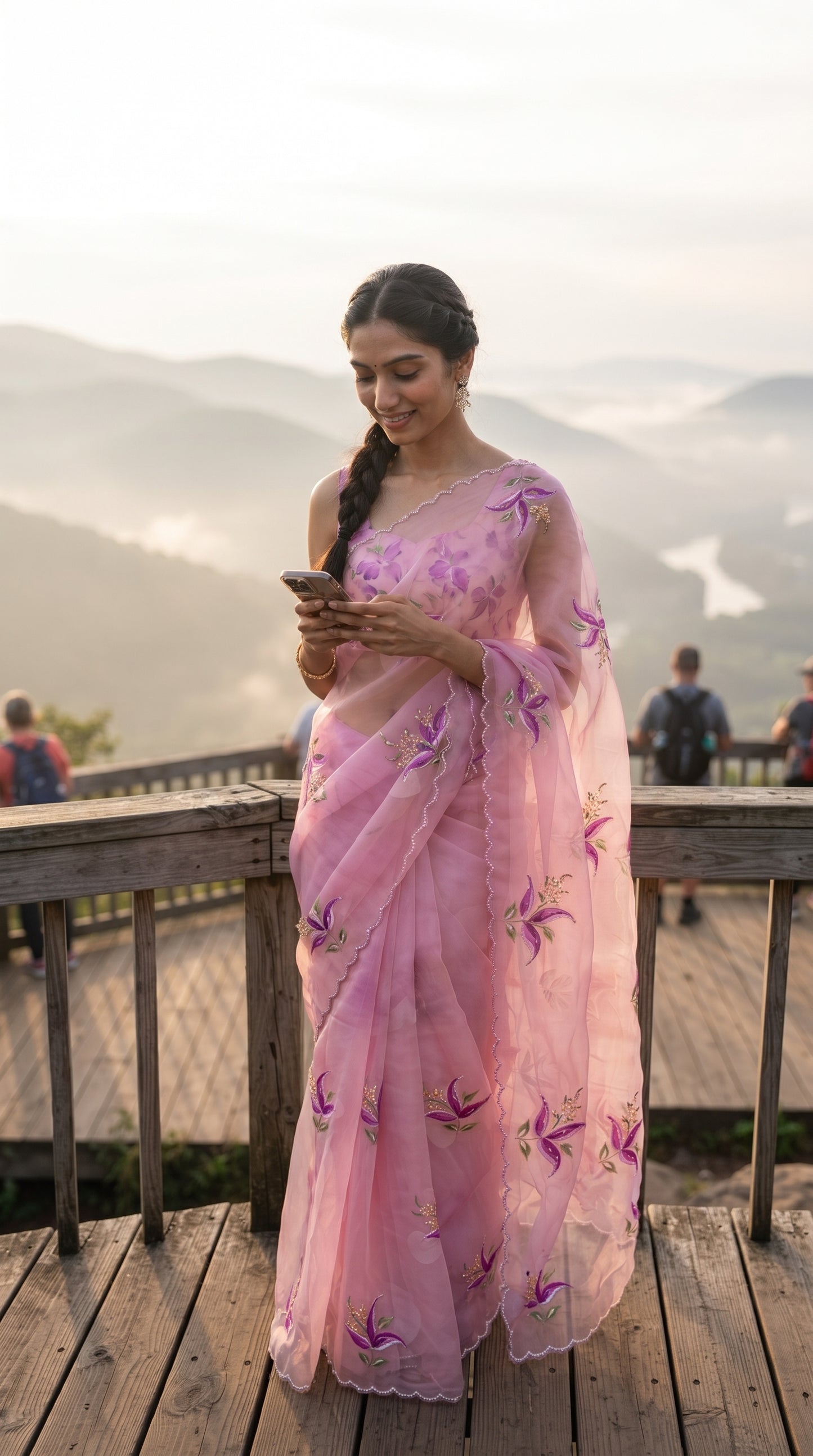 A candid shot of a smiling woman standing on an outdoor wooden deck overlooking foggy mountain ranges, looking at her smartphone while showcasing the sheer texture and purple floral motifs of her pink saree