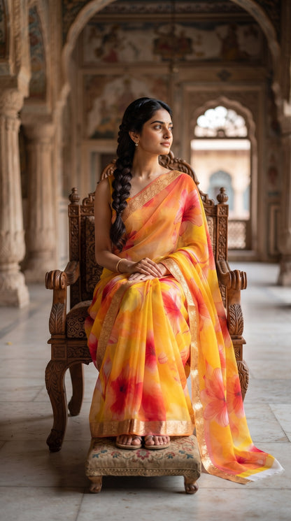 A full-length portrait of a woman with a long braided ponytail sitting in an ornate wooden armchair, displaying the fluid drape, gold zari border, and bright pink and orange floral prints of her yellow chiffon saree