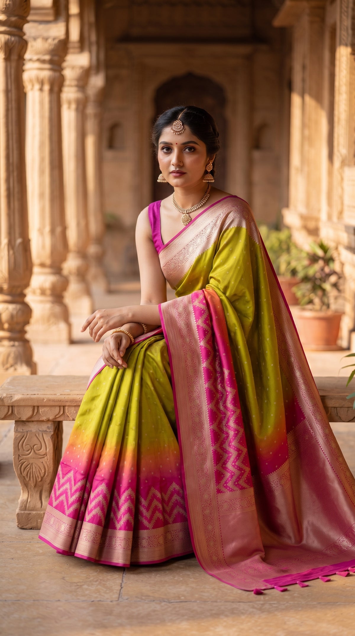A front profile view of a woman sitting gracefully on a sandstone courtyard bench, showcasing the heavy structure, vibrant pink border accents, and high-quality luster of her lime green Katan silk saree