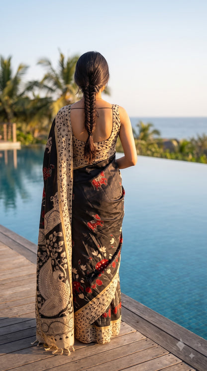 Kalamakari Silk Saree with Kaddi Border - Black with Beige