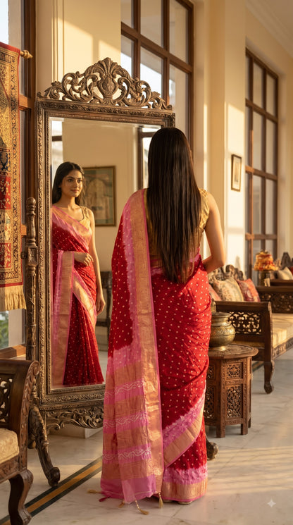 Art Silk Saree with Zari Border - Red with Pink