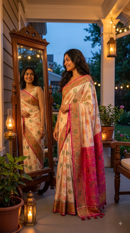 Viscose Silk Saree with Patola Weave - White