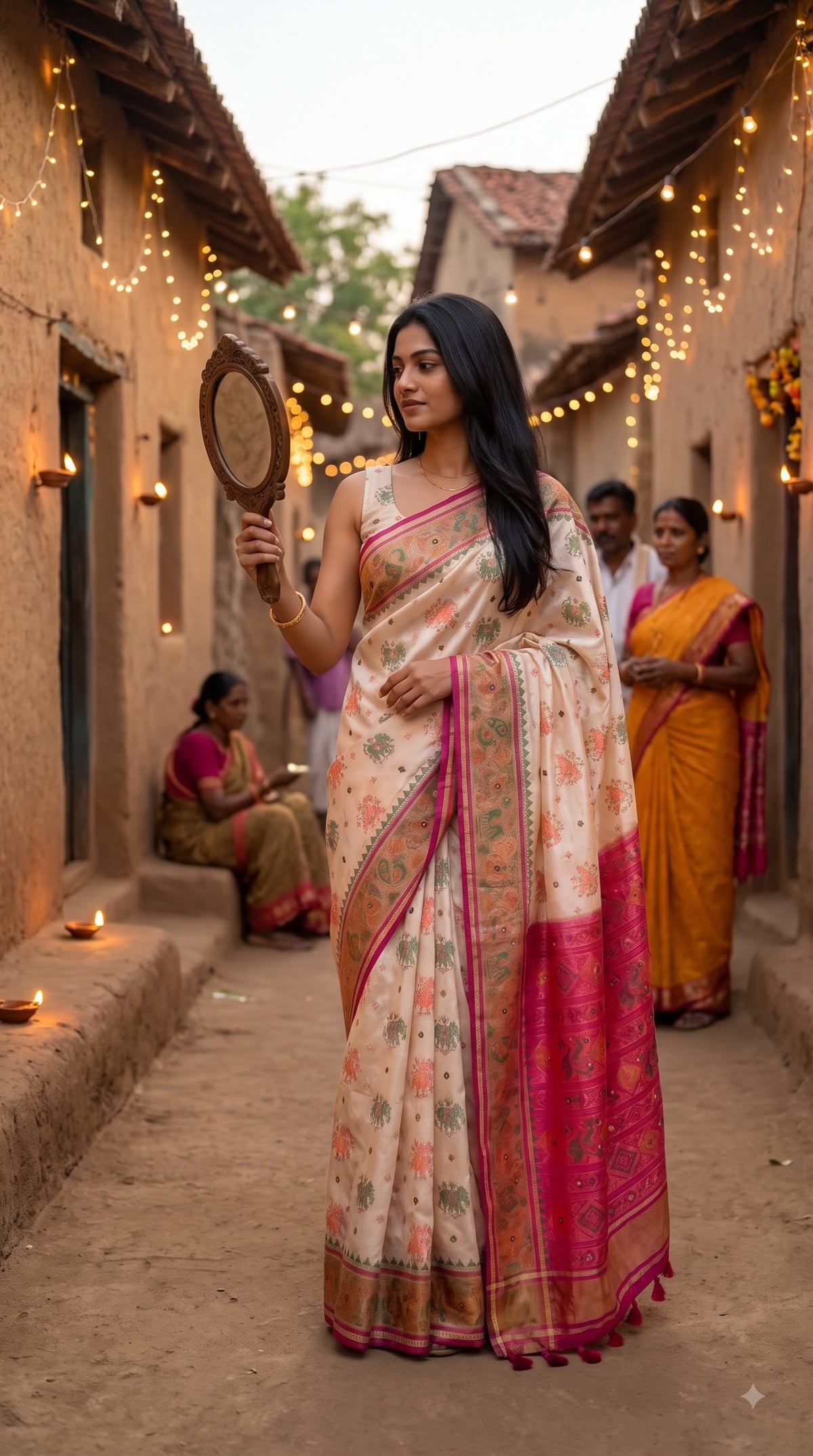 Viscose Silk Saree with Patola Weave - White