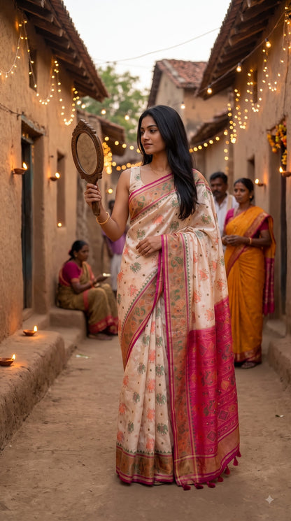 Viscose Silk Saree with Patola Weave - White