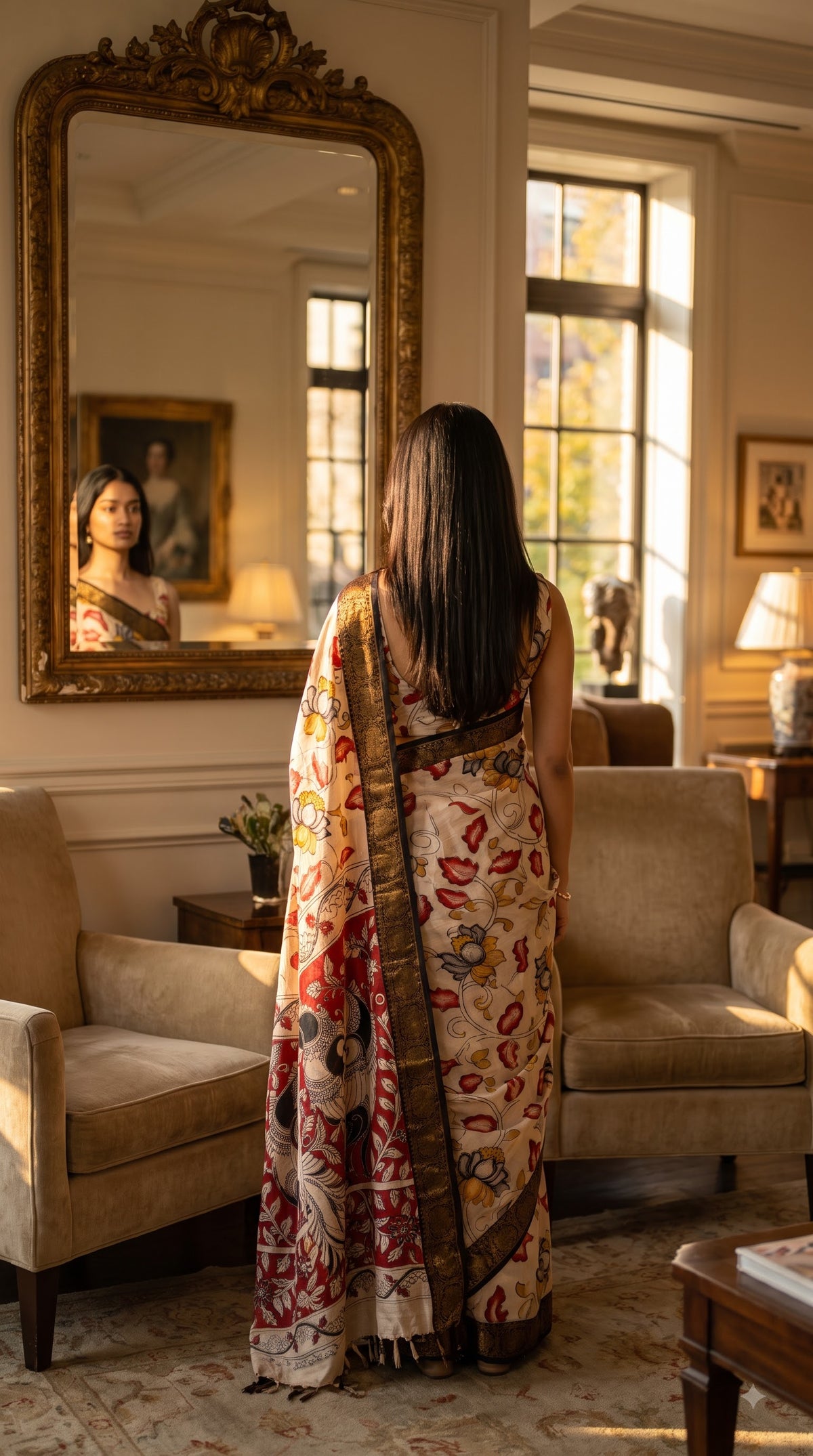 Printed Kalamkari Silk Saree with Border - Beige & Black