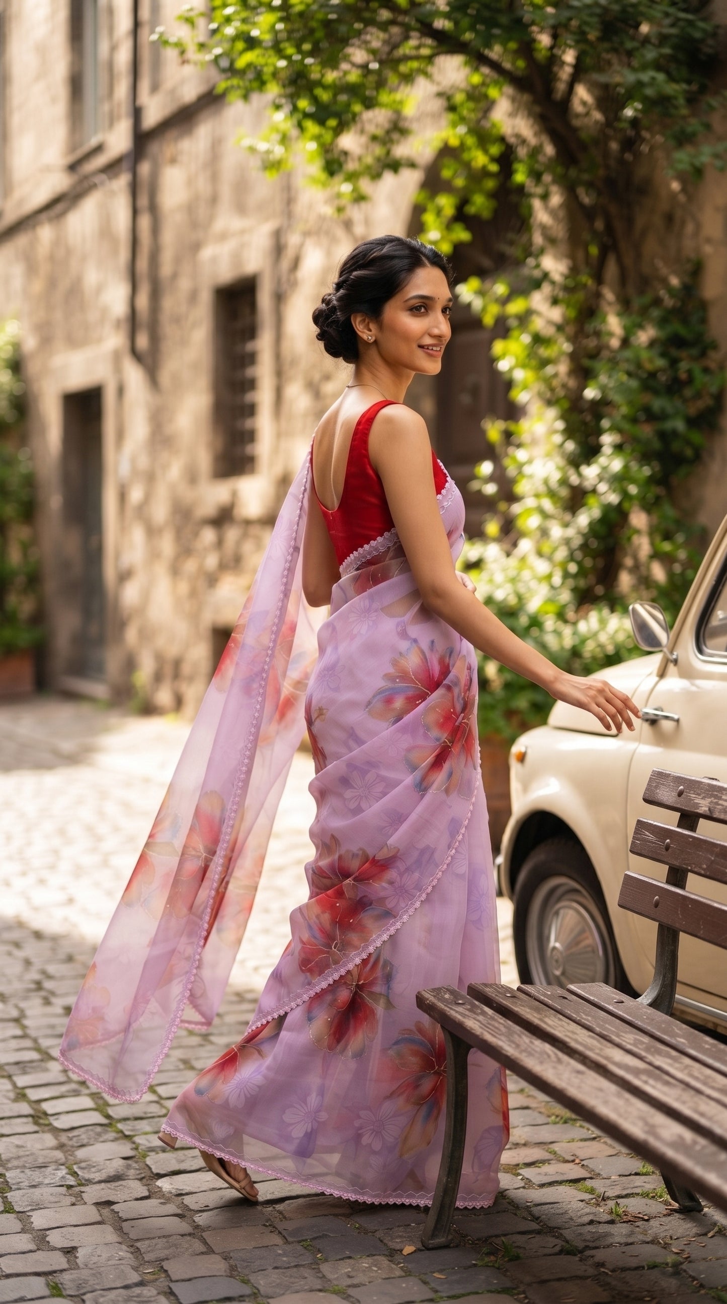 Pastel Pink Floral Chiffon Saree with Delicate Lace Border