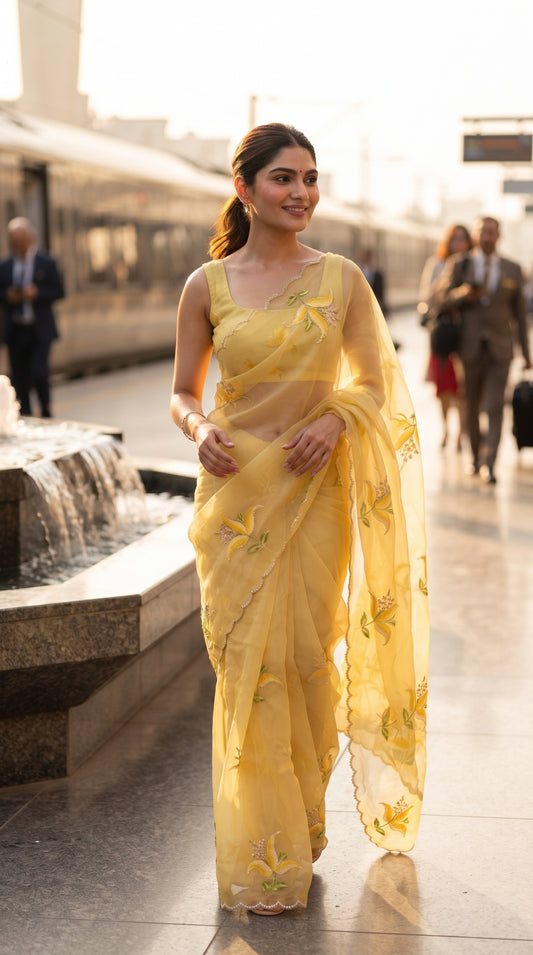 A smiling woman walks along a sunlit railway platform next to a train, beautifully displaying the fluid movement, sheer texture, and scalloped cutwork borders of her yellow chiffon saree