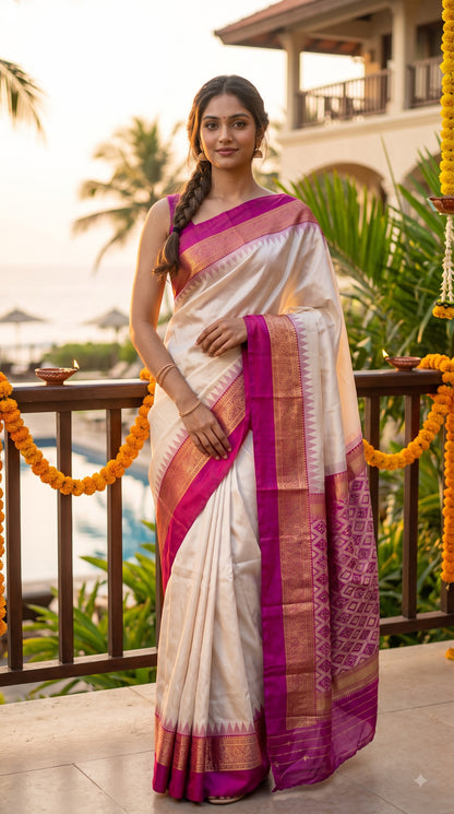 Silk Saree with Pochampally Pallu - White